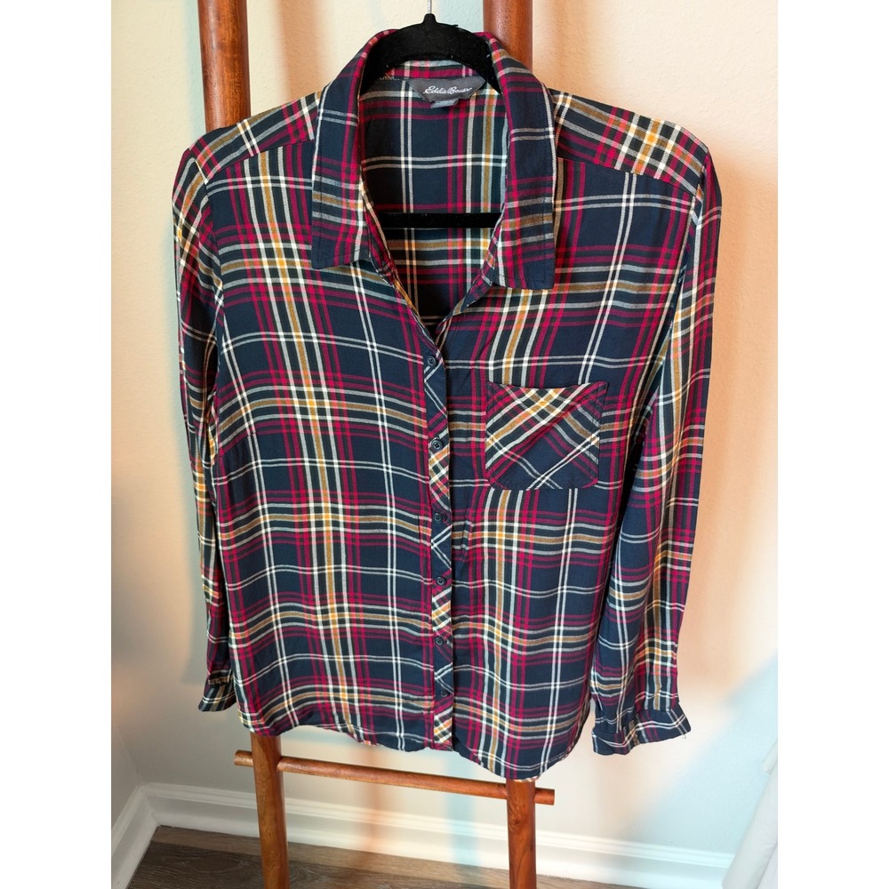 Eddie Bauer Womens Navy Red Plaid Viscose Button Down Shirt Size L Button Back
